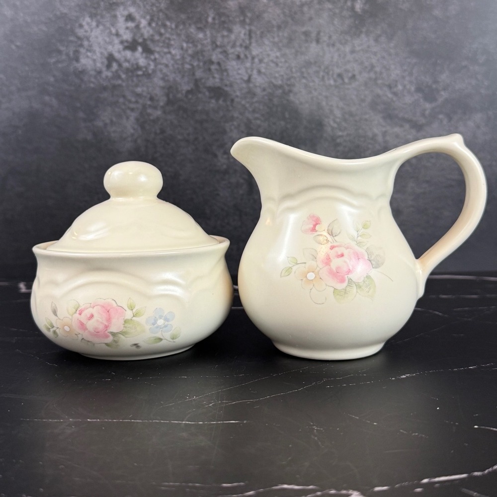 Vintage Pfaltzgraff Tea Rose Pattern Sugar & Creamer Set 1985 Embossed Backstamp